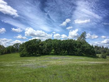 Scenic view of grassy field against cloudy sky