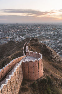 High angle view of cityscape during sunset