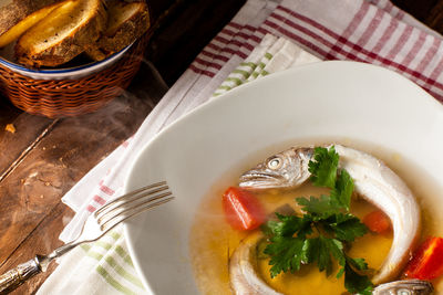High angle view of meal served on table