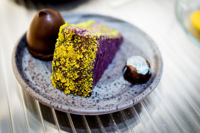 High angle view of cake in plate on table