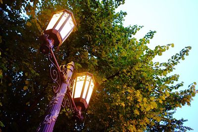 Low angle view of illuminated street light against clear sky