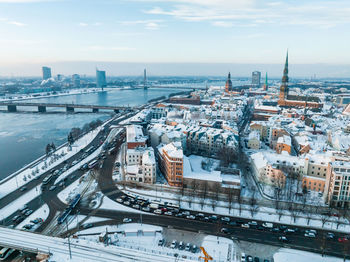 Aerial view of the winter riga old town