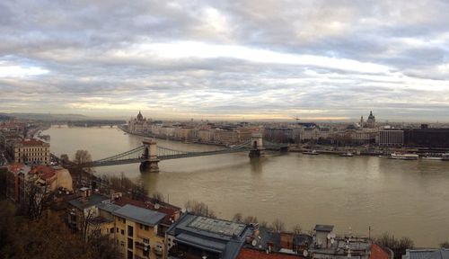 View of cityscape against cloudy sky