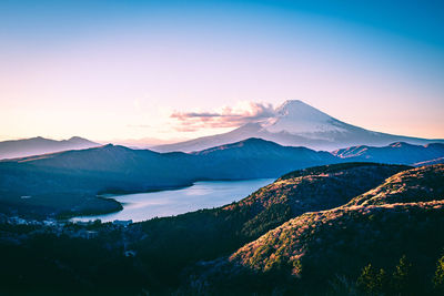 Scenic view of snowcapped mountains against sky during sunset