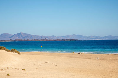 Scenic view of beach against clear blue sky