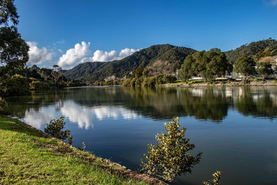 Scenic view of lake and mountains against sky