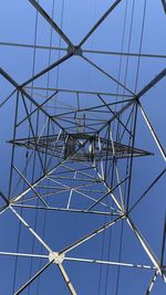Low angle view of electricity pylon against clear sky