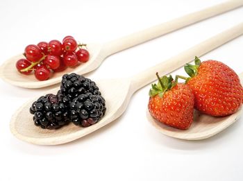 High angle view of strawberries in plate on table