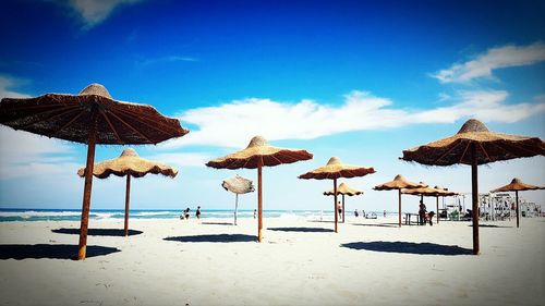 Parasols at beach against sky