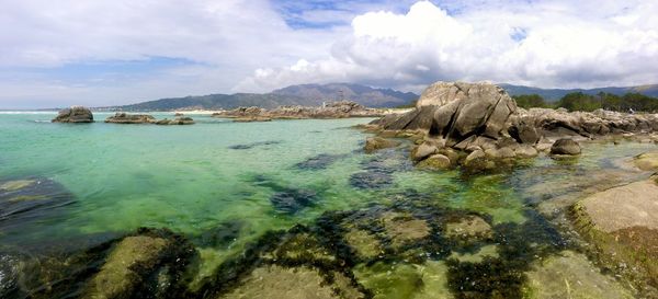 Panoramic view of sea and rocks against sky