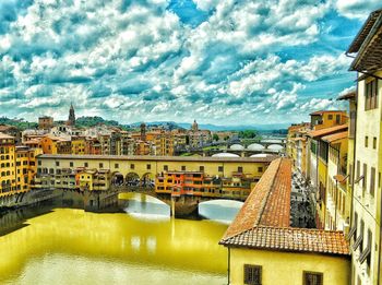 River in city against cloudy sky