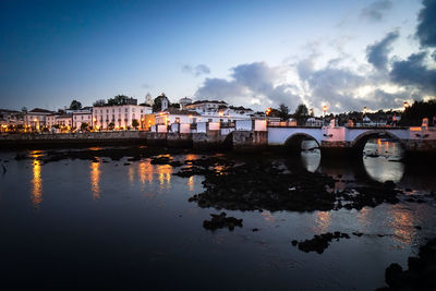 Bridge over river by illuminated buildings against sky