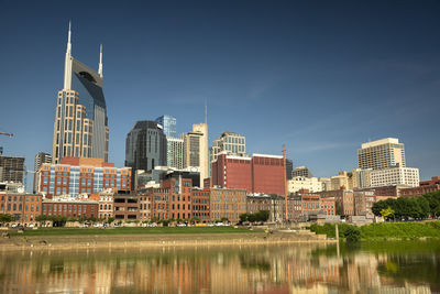 Buildings by river against sky in city