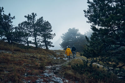 Rear view of man walking on mountain against sky