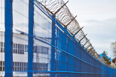 Barbed wire on blue fence of restricted area. no unauthorized entry. new fence of military border