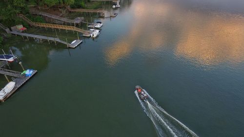 High angle view of motorboat in river