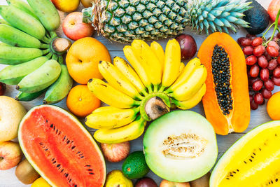 High angle view of various fruits on table