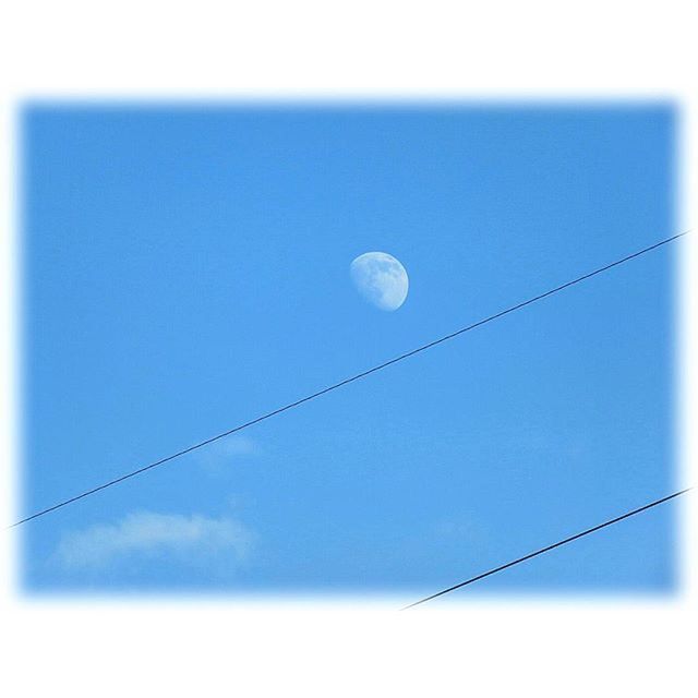 low angle view, electricity, power line, cable, connection, sky, power supply, moon, blue, transfer print, auto post production filter, technology, clear sky, nature, no people, fuel and power generation, copy space, lighting equipment, outdoors, electricity pylon