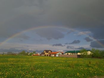 Scenic view of rainbow over field against sky