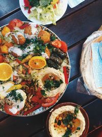 High angle view of breakfast on table
