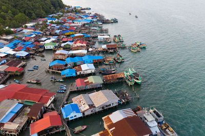 High angle view of ship moored at harbor