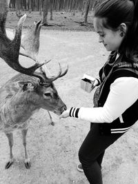 Full length of woman feeding by deer