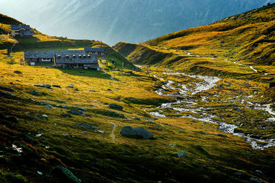 High angle view of mountain range against sky