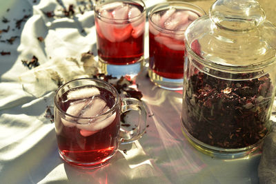 Healthy ice tea made with hibiscus flower petals