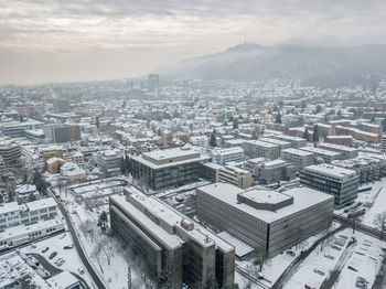 High angle view of townscape against sky during winter