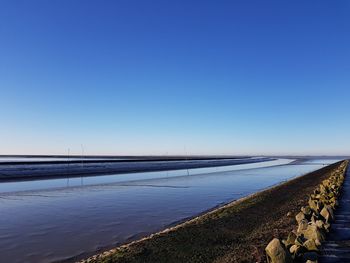 Scenic view of river against clear blue sky