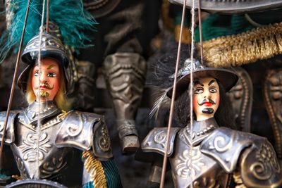 Traditional sicilian puppets used pupi for theatrical performance of marionettes, italy
