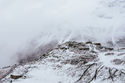 Aerial view of snow covered landscape against sky