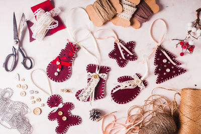 High angle view of christmas decoration on table