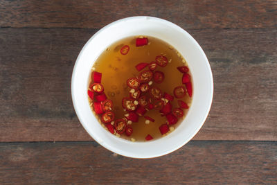 High angle view of soup in bowl on table