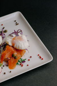 High angle view of dessert in plate on table