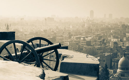 View of cityscape against clear sky during winter