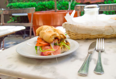 Close-up of food in plate on table