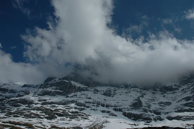 Scenic view of snow covered mountains against sky