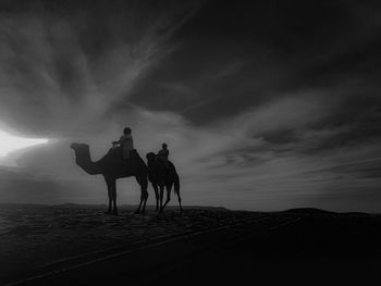 Men riding horses on land against sky