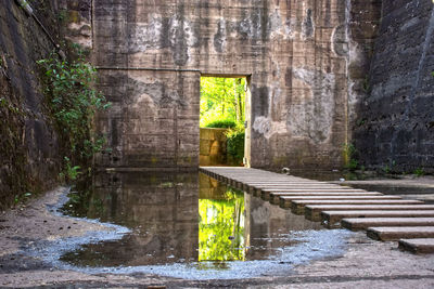 Stone wall by lake