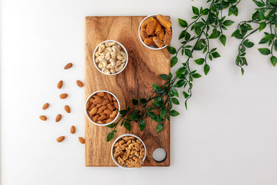 High angle view of food on table against white background