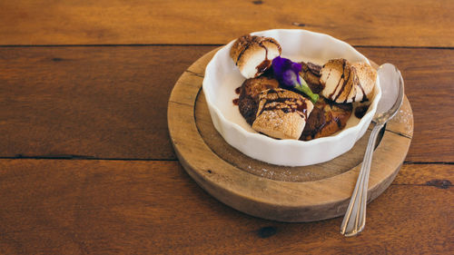 High angle view of ice cream in bowl on table