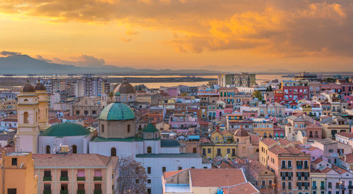 High angle view of townscape against sky during sunset