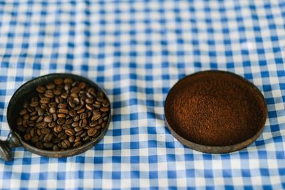 High angle view of coffee beans on table