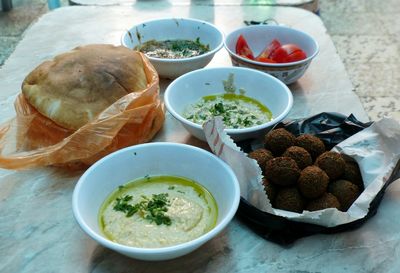 High angle view of food served on table