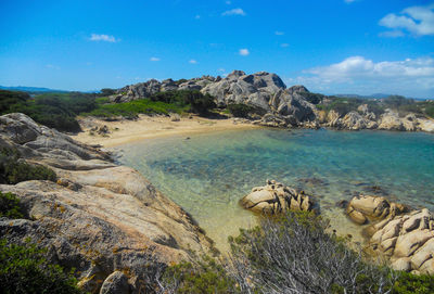 Scenic view of rocks in sea against sky