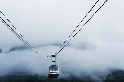 Low angle view of overhead cable car against sky