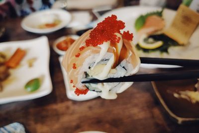 Close-up of sushi served on table