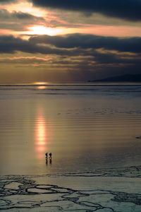 Two distant people walking on beach at sunset