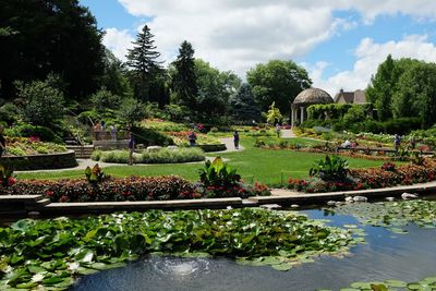 View of garden by lake against cloudy sky